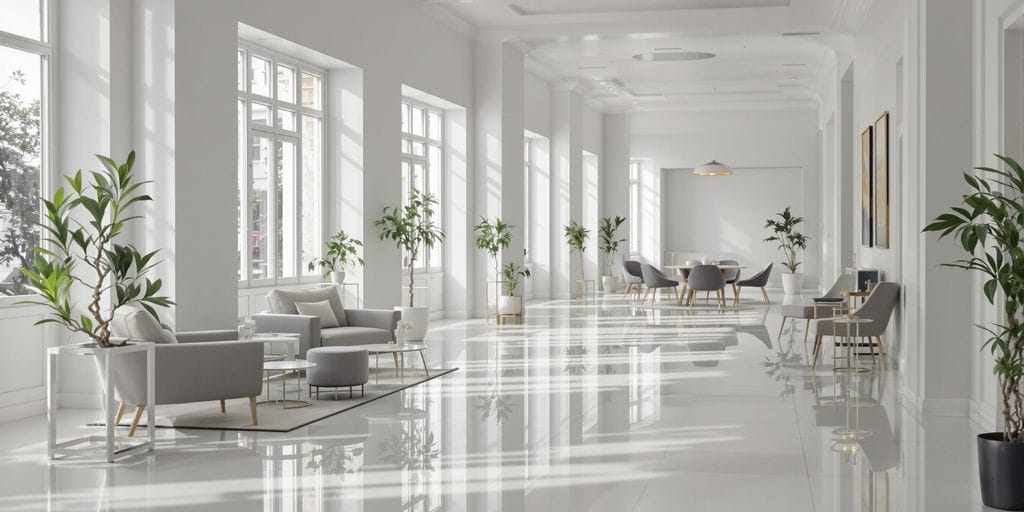 غرفة داخلية حديثة بأرضية لامعة وجدران بيضاء مشرقة وإضاءة طبيعية