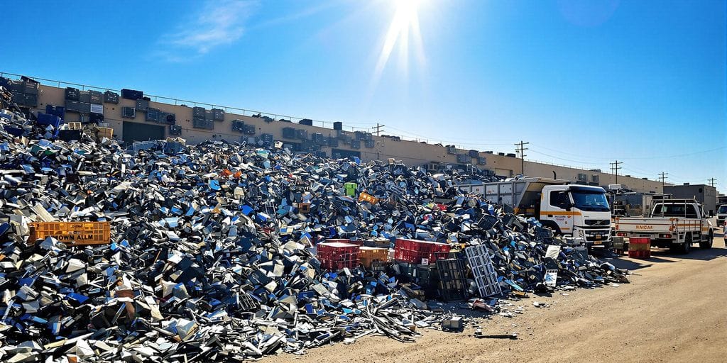 مشهد فوتوغرافي واضح واحترافي لمركز تجميع خردة معدنية في جدة