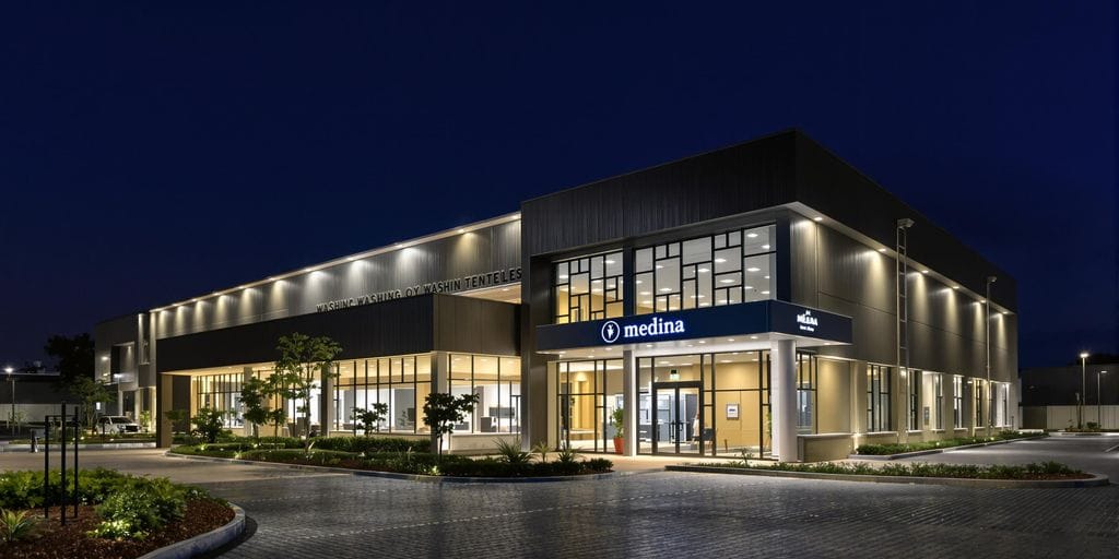 تصوير فوتوغرافي لمبنى غسيل مفروشات حديث متألق في المدينة المنورة