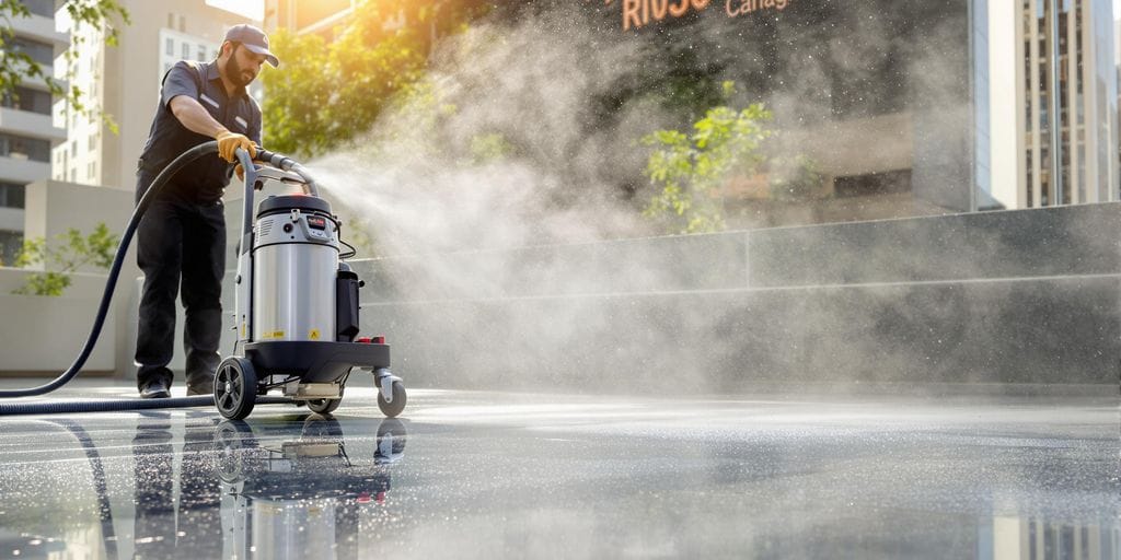 صورة فوتوغرافية عالية الجودة لآلة تنظيف بالبخار مع عمال بالرياض