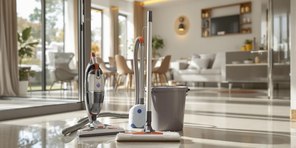 غرفة منزلية أنيقة مع معدات تنظيف حديثة وإضاءة مشرقة جميلة