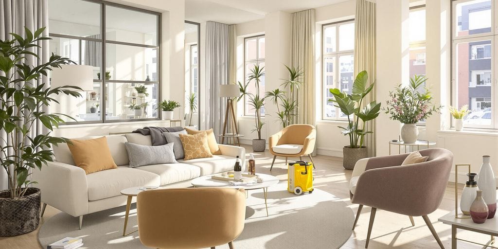 غرفة معيشة نظيفة مع أثاث متميز وأدوات تنظيف ملونة حديثة
